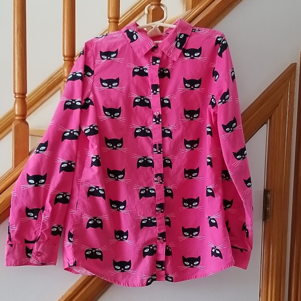 Faded Glory Girls Pink/black Cat button up blouse